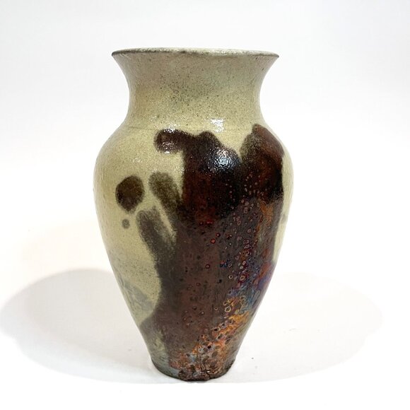 Raku Pottery Vase Artist Singed Art Pottery 6.5" tall Cream / Copper Glaze - Picture 4 of 8
